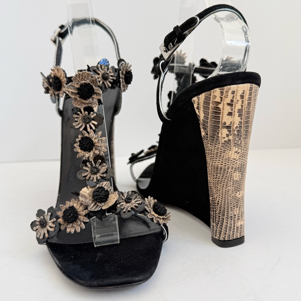 Prada Black Python Snakeskin Suede Floral Appliqu… - image 2